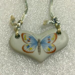Vintage Butterfly Ceramic Heart Pendant Necklace Porcelain Butterfly